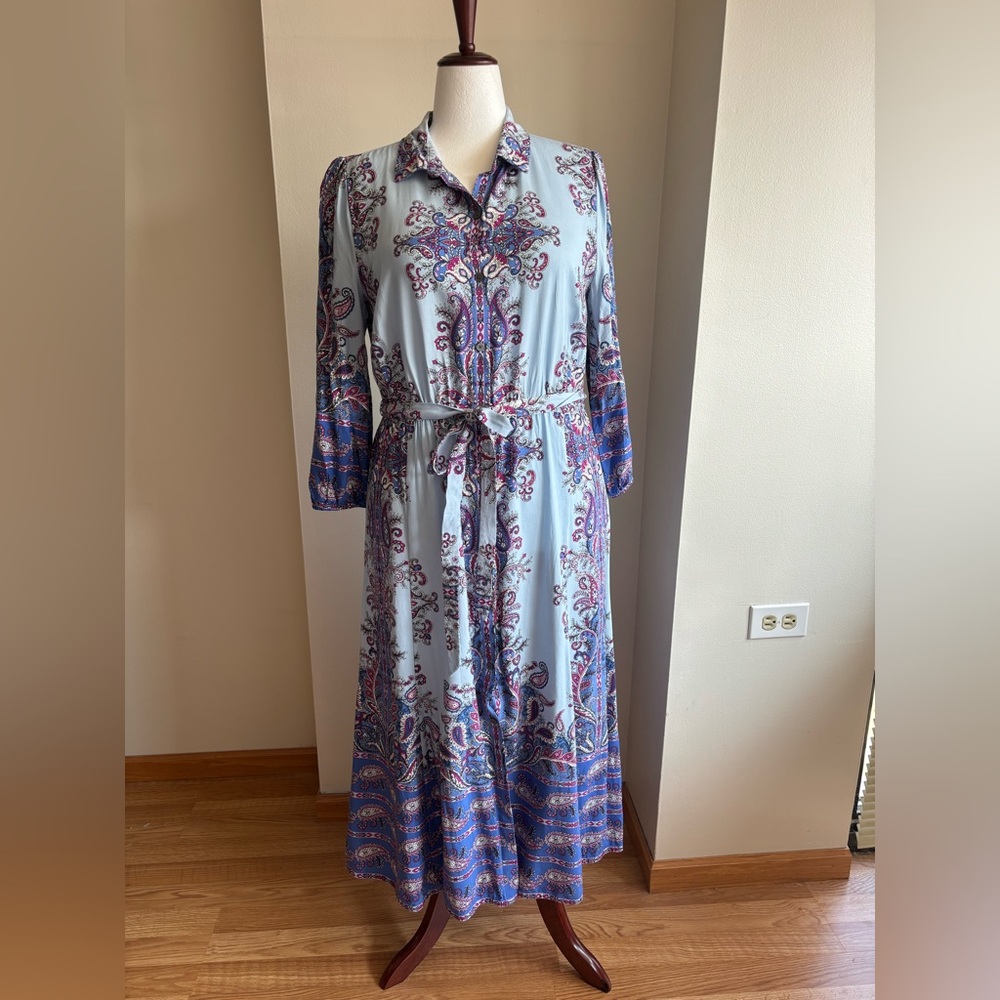 LOFT Blue and Purple Paisley Button-Down Shirt Dress XL